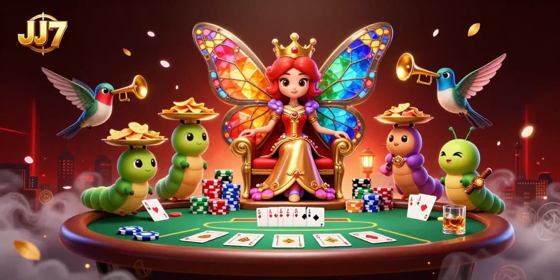 JJ77 gleams with excitement as the butterfly queen rules over poker riches and a vibrant casino scene.