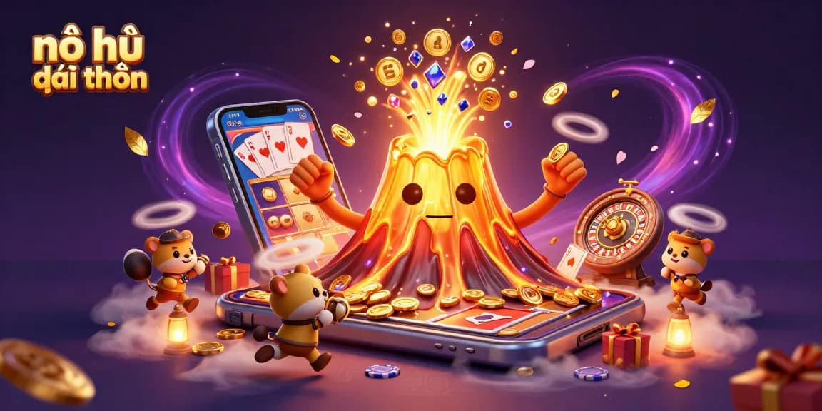 Experience thrilling nổ hũ đổi thưởng with an erupting volcano showering treasures and slot game excitement.