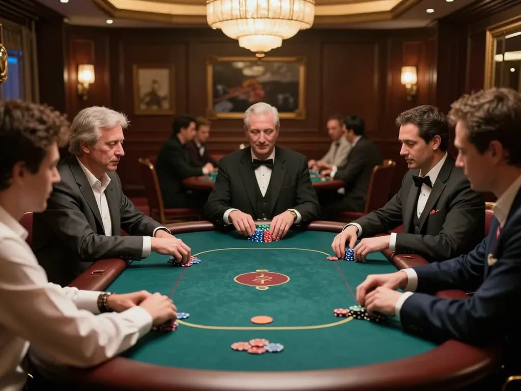 79king players strategizing at an upscale poker table in a luxurious casino