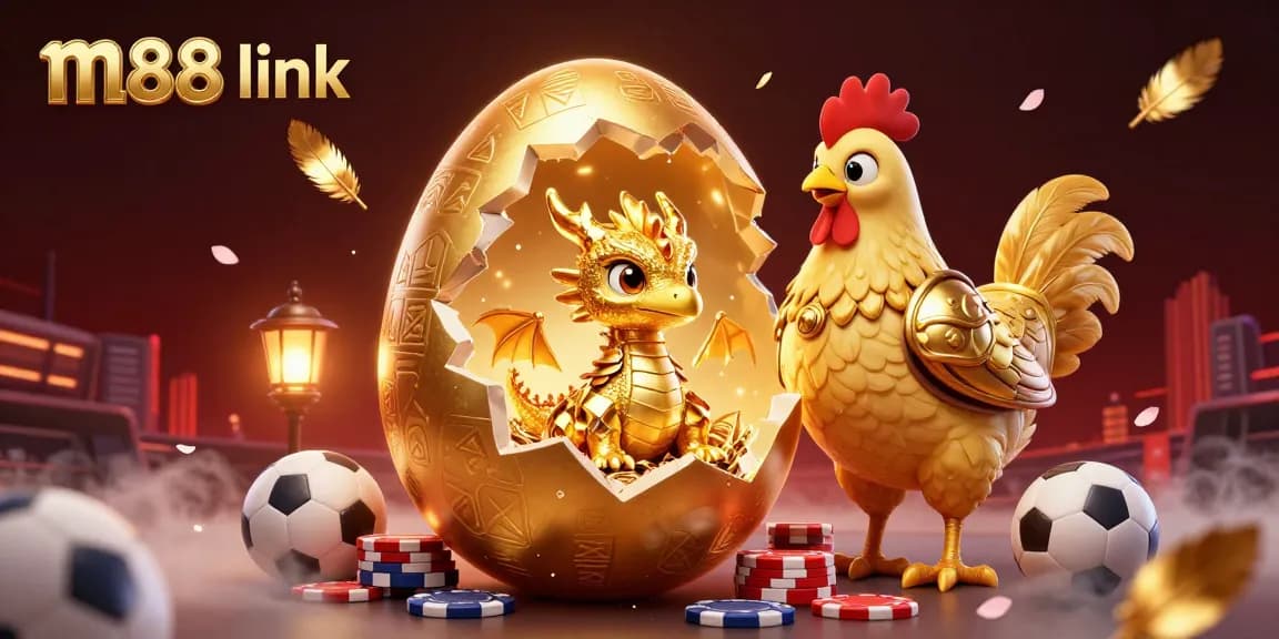 Bet on exciting sports with the m88 link, highlighting a golden baby dragon and poker chips.