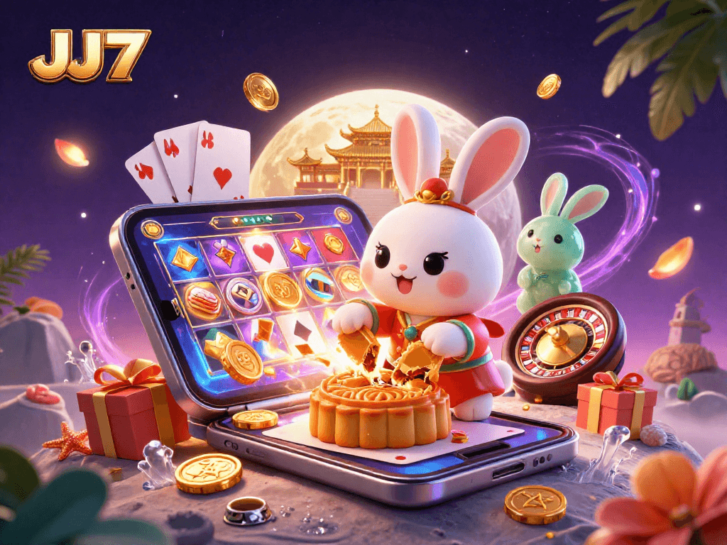 Engage with JJ77 in a vibrant casino-themed scene featuring games and rewards