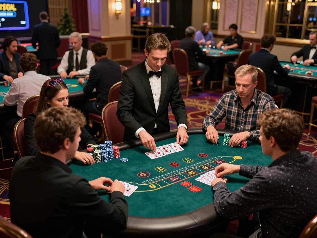 Players engaged in intense blackjack action at uk88's luxurious casino floor, reflecting strategic gameplay.
