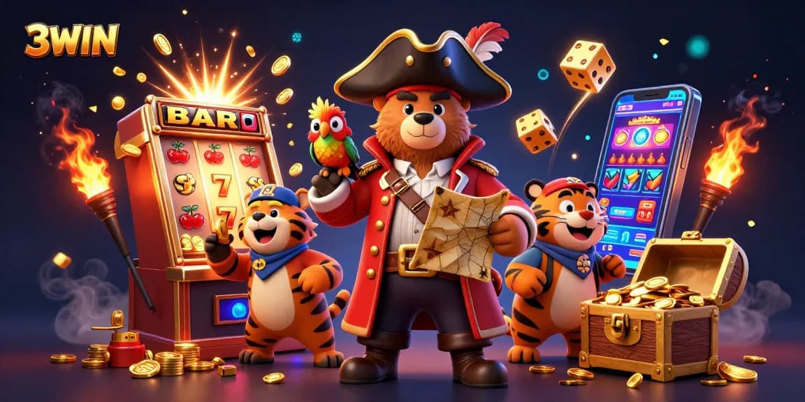 Experience the thrill of 3WIN with vibrant slot machines, gold coins, and adventure-themed characters.