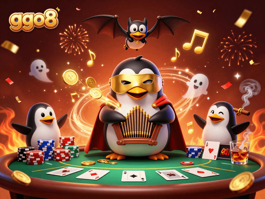 ggo8 features a cartoon penguin playing an organ shooting coins at a vibrant casino scene.