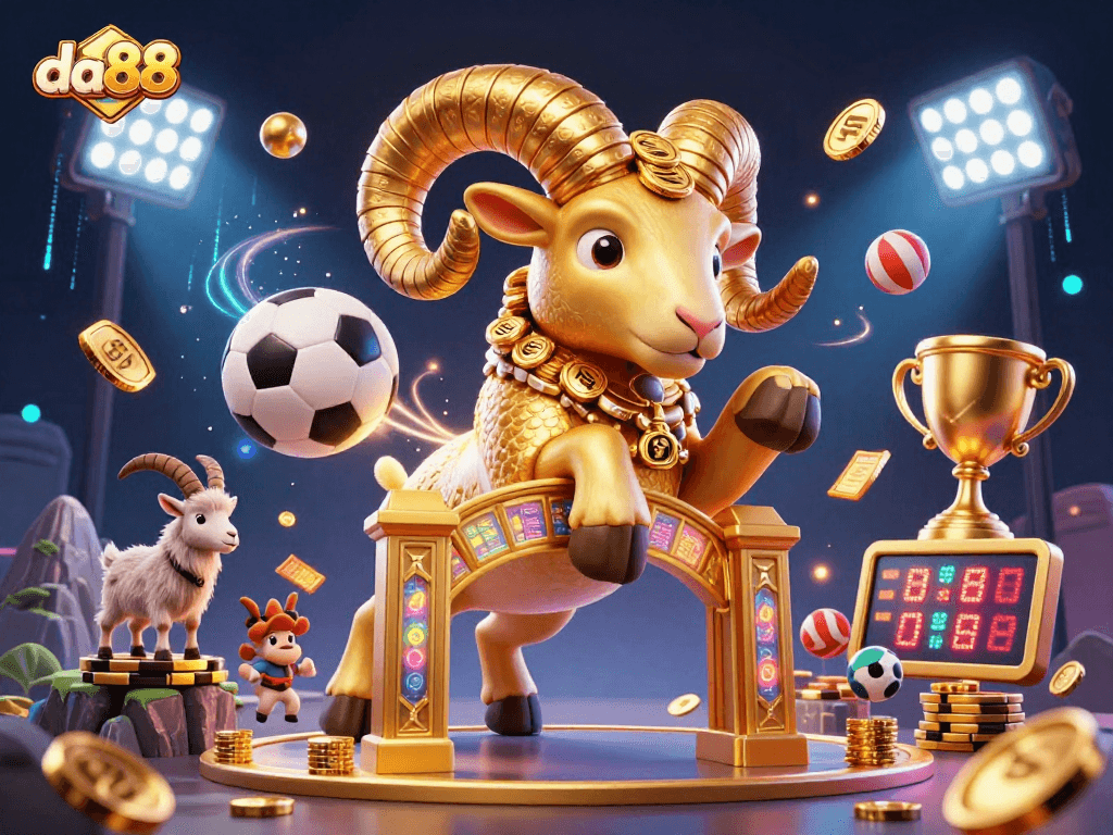 Bet on your winning strategy with da88, featuring a dynamic scene of golden ram and sports elements.