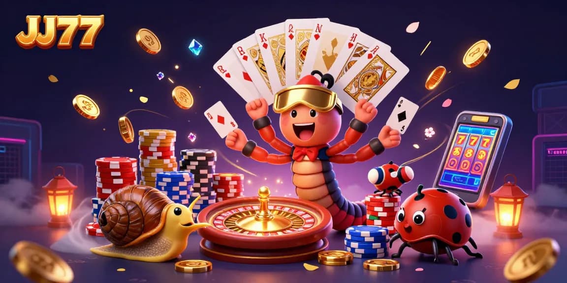 Experience winning with JJ77 in this exciting casino app illustration full of vibrant game elements and dynamic characters.