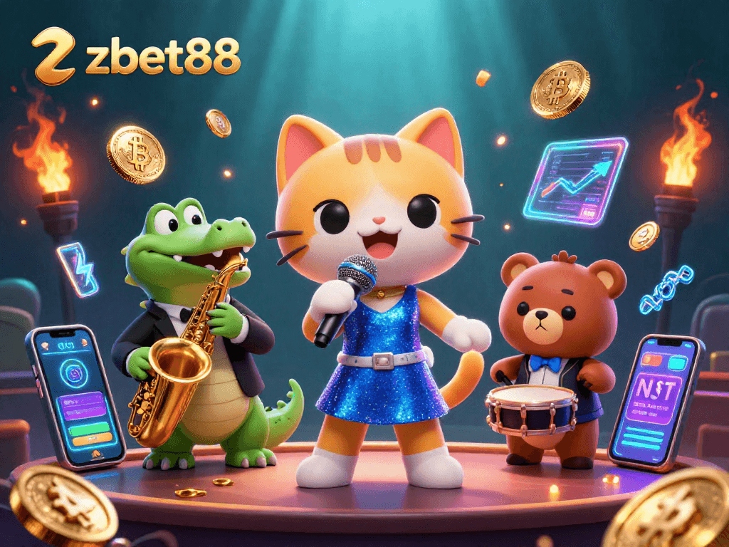 Experience excitement with zbet88 as a jazzy cat sings on stage amid vibrant casino elements.