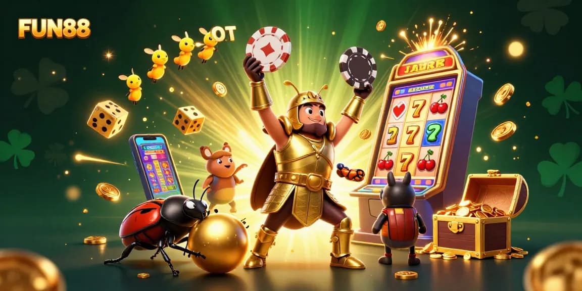 Experience the thrill of FUN88 with a vibrant 3D scene of victory and jackpot excitement in the casino world.