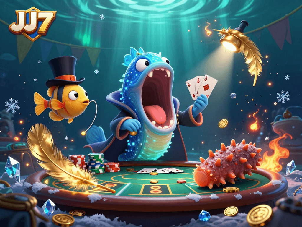 JJ77 themed illustration of sea creatures engaging in a lively card magic act within a vibrant underwater casino scene.