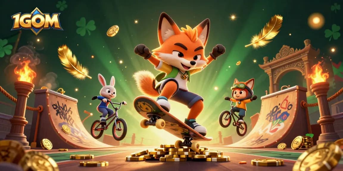 Experience thrilling action at 1GOM with fox and rabbit characters showcasing dynamic casino-themed stunts.