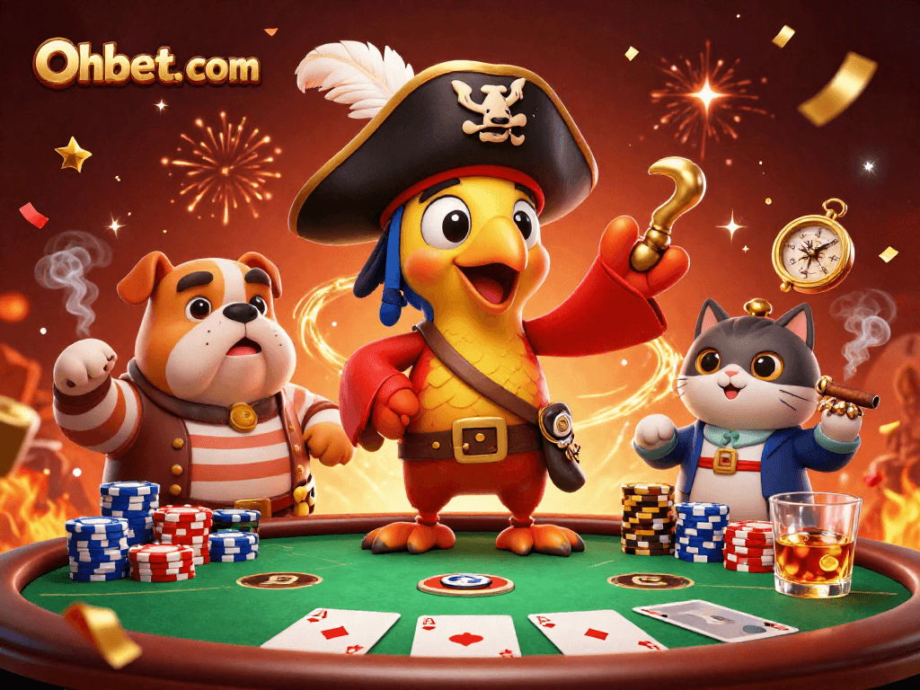 Command the table with Oxbet. com: A lively 3D illustration of a pirate captain, bulldog, and cat with poker elements.