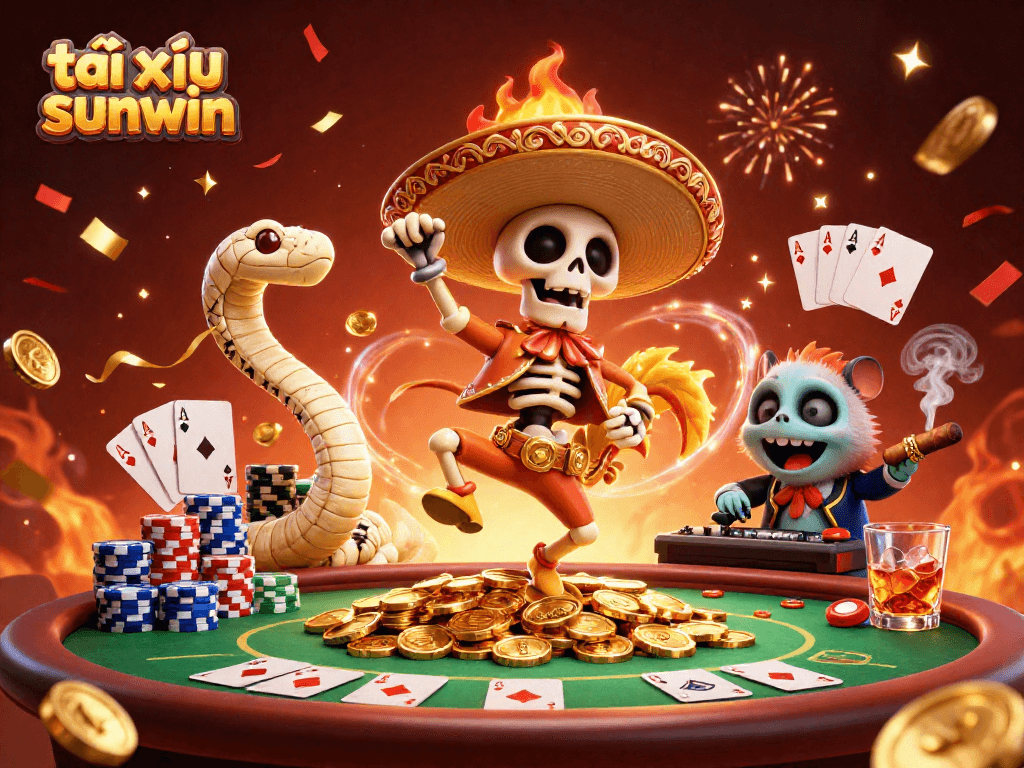 Engage in thrilling tài xỉu sunwin gameplay with vibrant casino characters celebrating a victory.