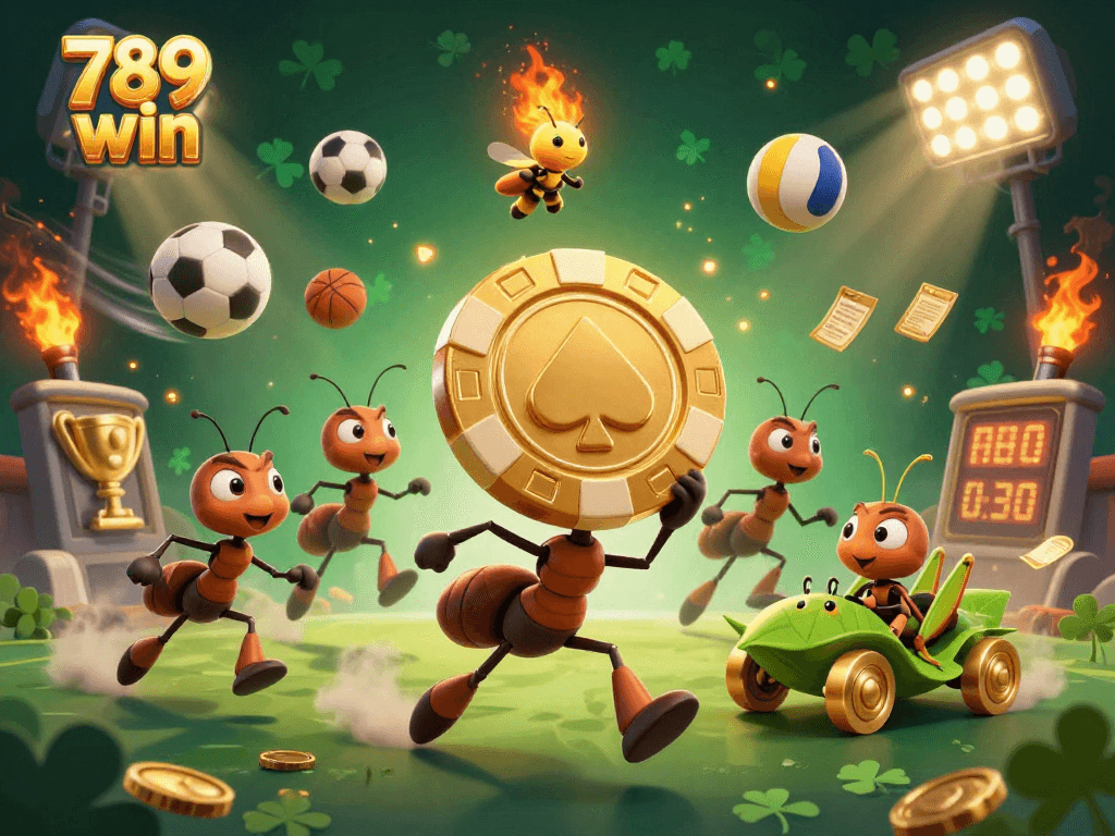 Experience the excitement of 789win with a heist scene featuring animated ants and sports elements.