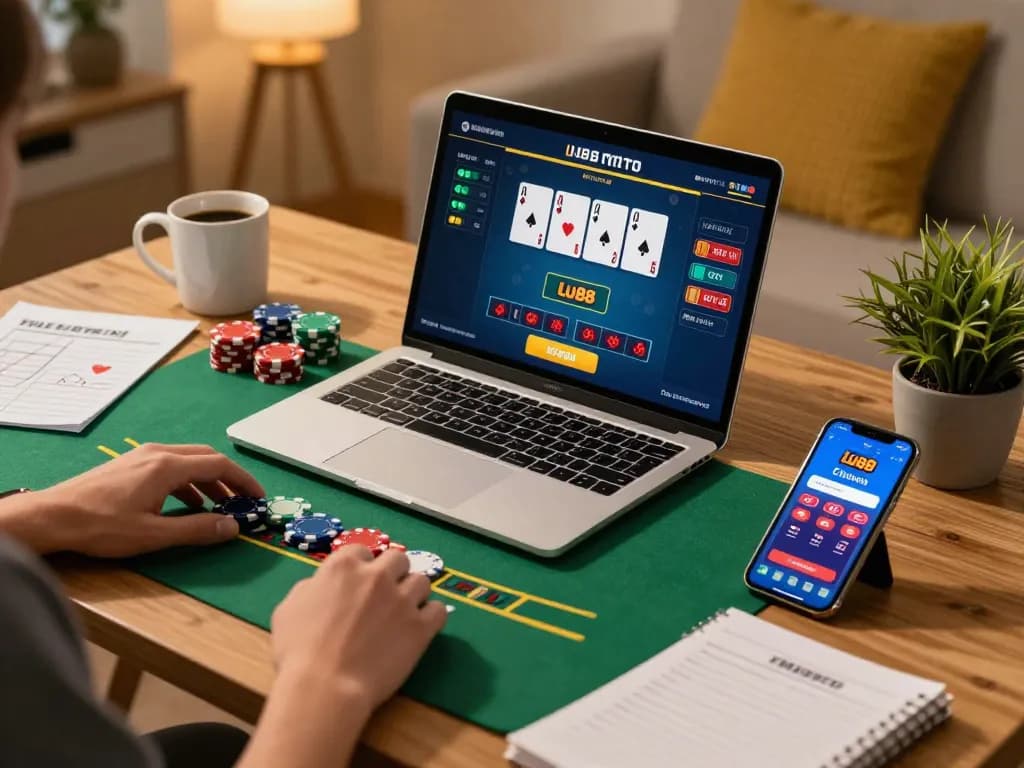 Player enjoying blackjack on lu88 online casino with strategy notes and smartphone.