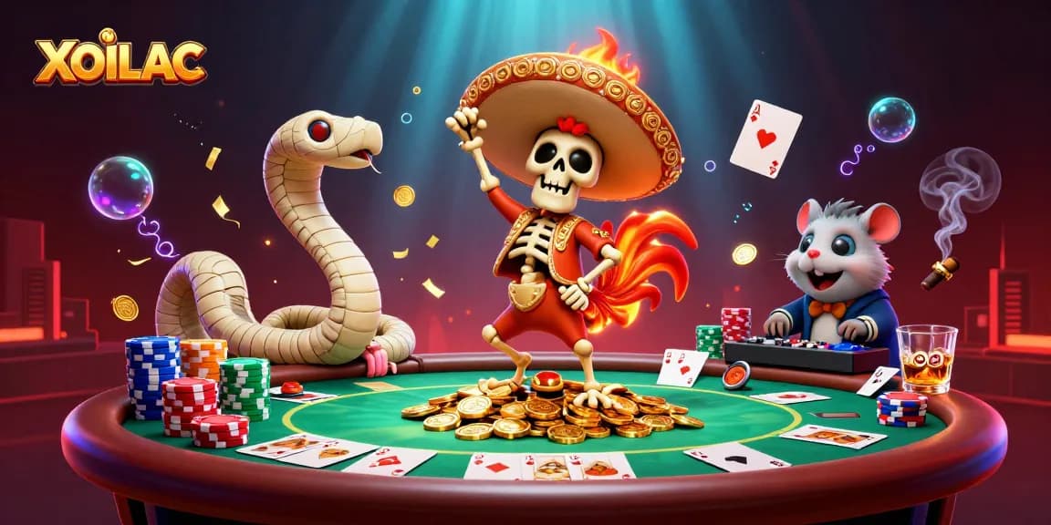 Engage with the vibrant world of XOILAC casino through a festive illustration showcasing poker excitement and playful characters.