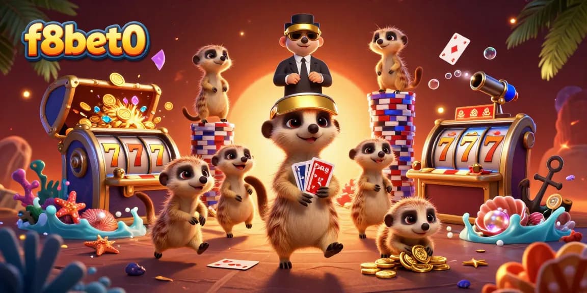 Engage with f8bet0's immersive casino action featuring meerkats betting chips in a vibrant scene.