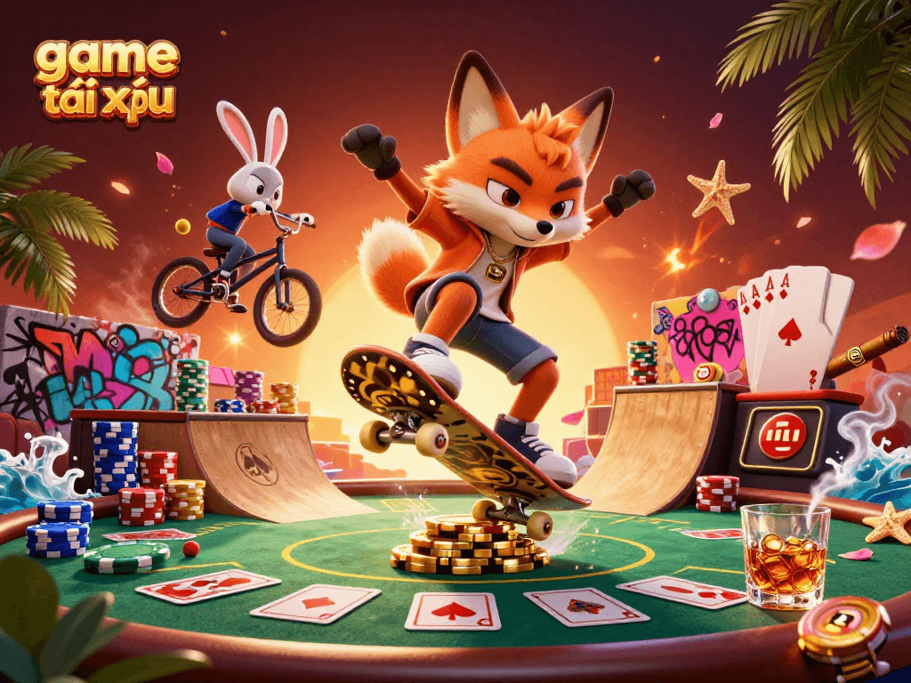 Experience thrilling game tài xỉu with a vibrant scene featuring animated characters and casino elements.