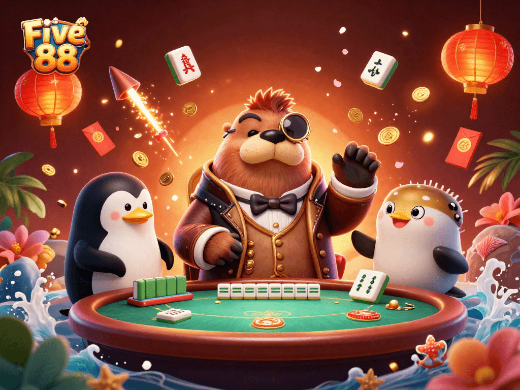 Experience thrilling games at Five 88, featuring a jolly walrus, sophisticated dealer, and playful pufferfish.
