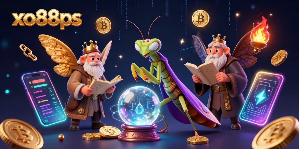 Experience the thrill of xo88ps with a mystical fortune teller and crypto elements in a vibrant digital casino scene.