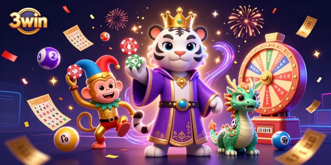 Experience the excitement of 3win with stunning 3D digital art featuring lively characters and casino elements.
