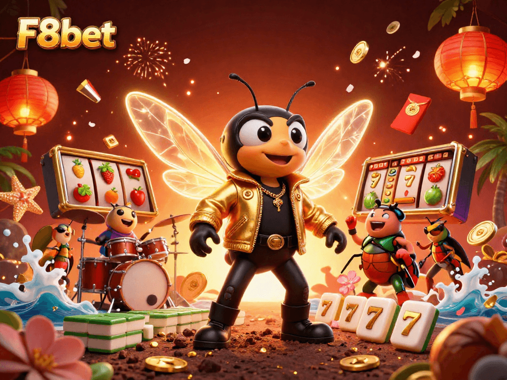Experience the excitement of F8bet with vibrant casino characters and slot games in a dynamic scene.
