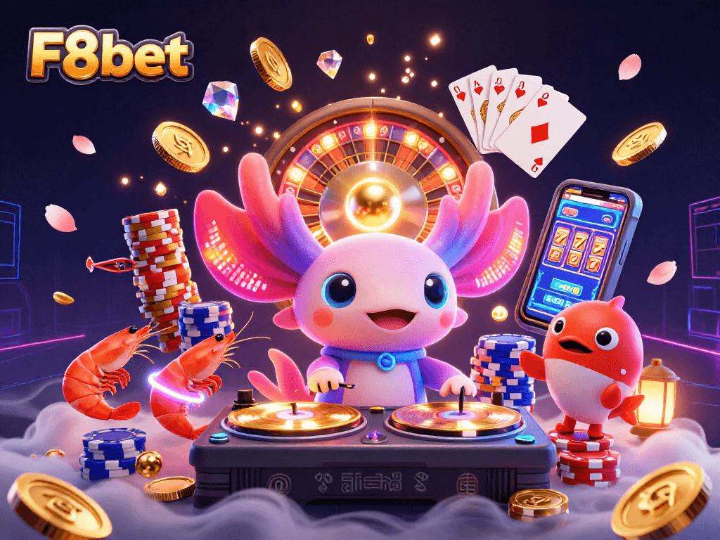 F8bet players enjoy casino fun with a neon axolotl DJ and vibrant gaming elements.