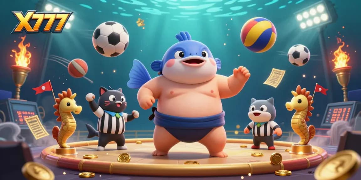 X777 players engaging in an underwater gambling scene with a fugu referee, cheering seahorses, and flying sports elements.