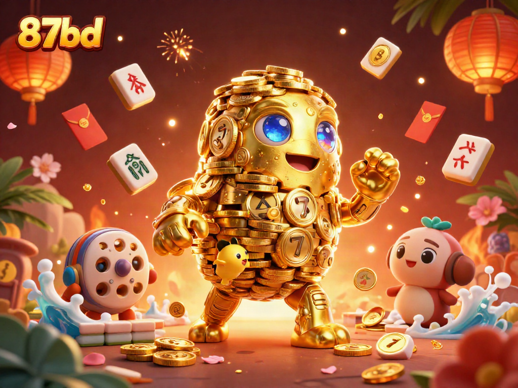 Engage with exciting slot machines in the vibrant world of 87bd, featuring a golden golem surrounded by festive elements.