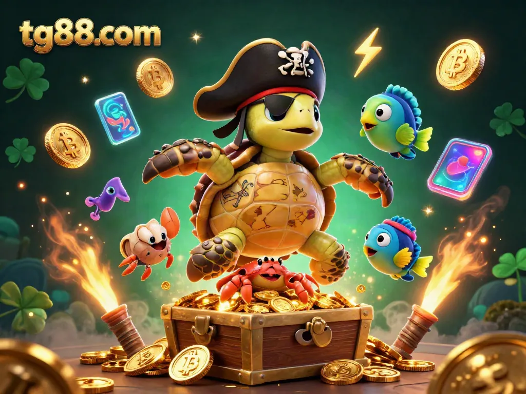 Experience exciting wins at tg88 com with vibrant gambling illustrations featuring a pirate turtle and gaming elements.