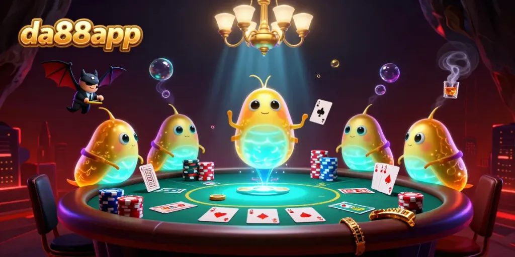 Join the excitement in a vibrant 3D casino scene featuring da88app with glowworms, a bat dealer, and poker elements.