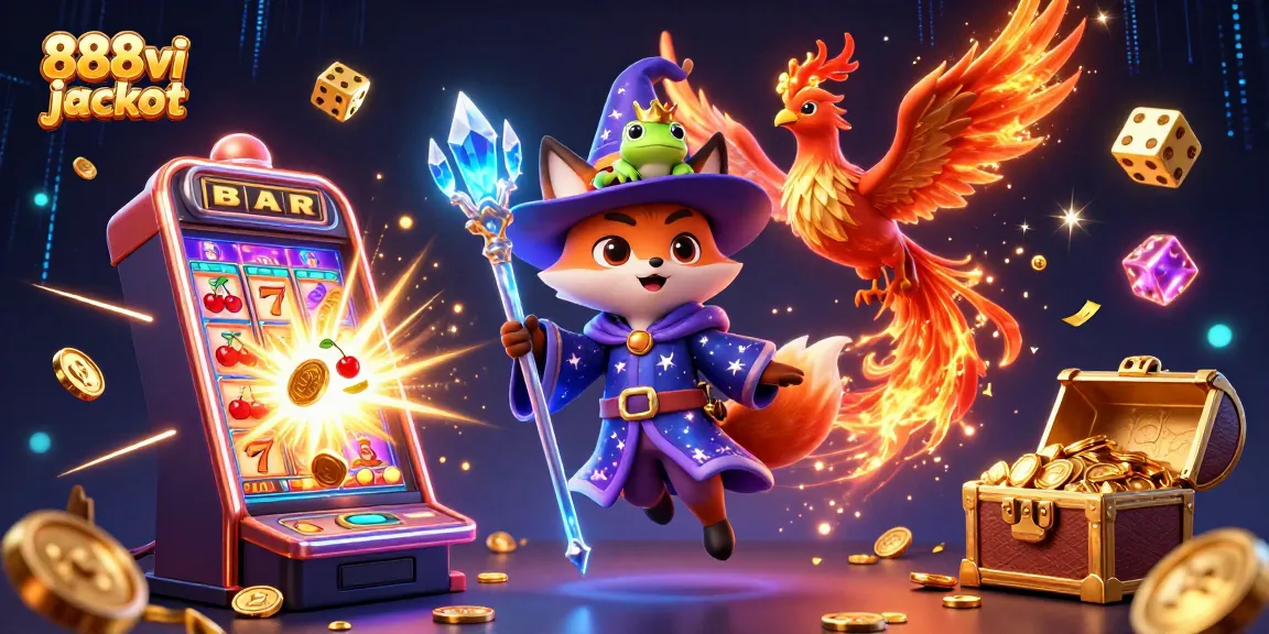 Experience the thrill of 888vi jackpot with an enchanting scene of a wizard, phoenix, and a jackpot explosion.