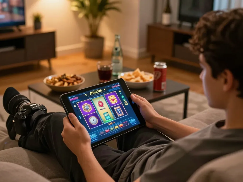 Engaging with slot pulsa on a tablet in a cozy home setting with snacks and warm lighting