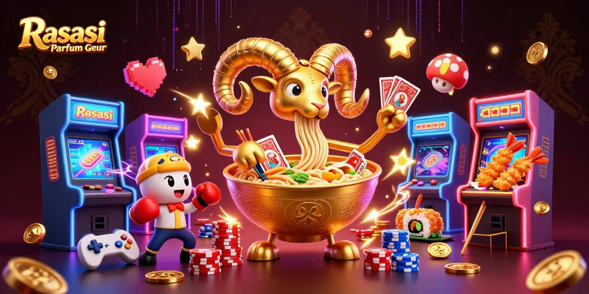 Experience Rasasi Parfum Geur in a vibrant casino-themed illustration with dynamic characters and game elements
