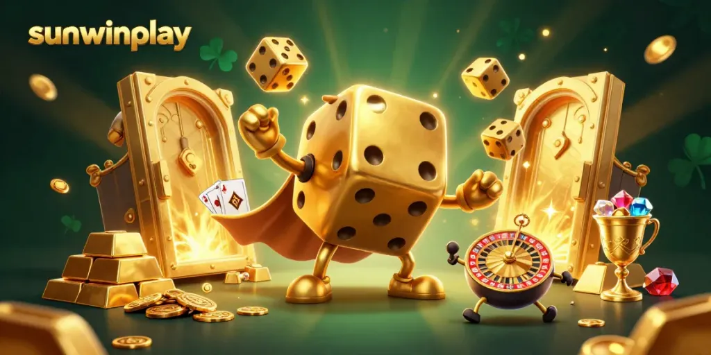 Engage with the vibrant sunwinplay scene showcasing a golden dice golem and treasure elements in a dynamic casino atmosphere.