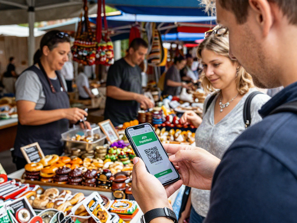 Reiziger met smartphone in Rusland toont de PayInRussia-app voor digitale betalingen in de lokale markt.