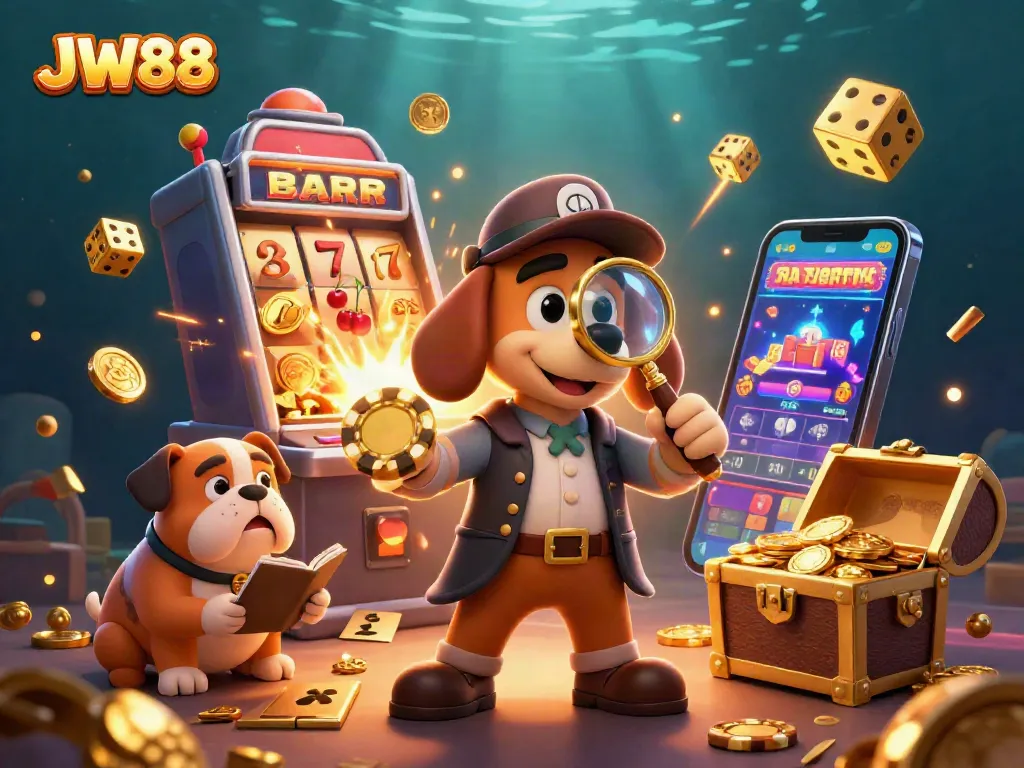 Engage with JW88 through a vibrant casino scene featuring a detective and treasure hunt elements.