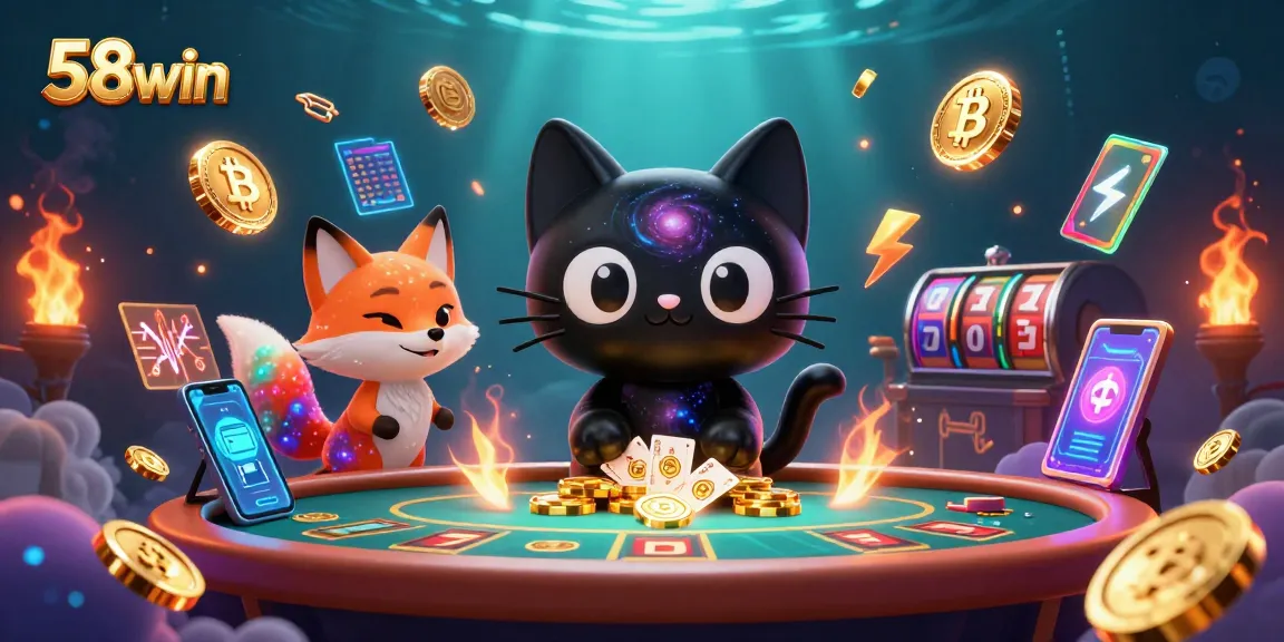Experience the thrill with 58win as the cosmic cat pulls in golden casino chips and cards.