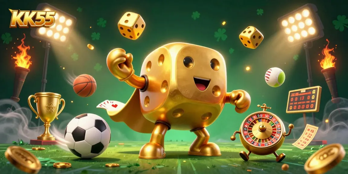 Experience exciting gameplay at KK55 with a dynamic 3D illustration of cartoon characters embodying casino excitement.