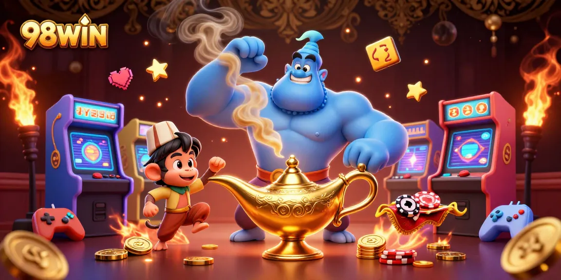Experience the 98WIN magic with a blue genie, poker chips, and vibrant casino elements.