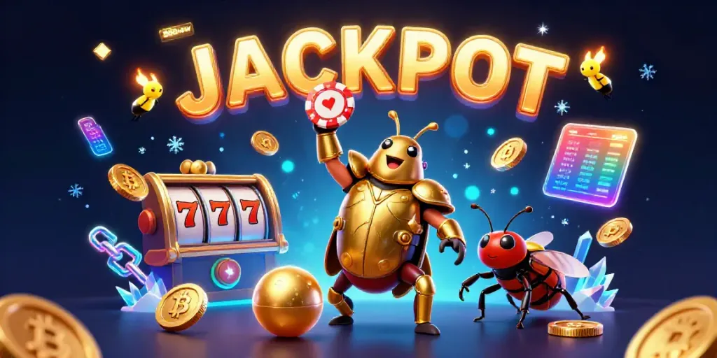 Celebrate wins with 888new's vibrant casino scene featuring cartoon beetles and jackpot elements.
