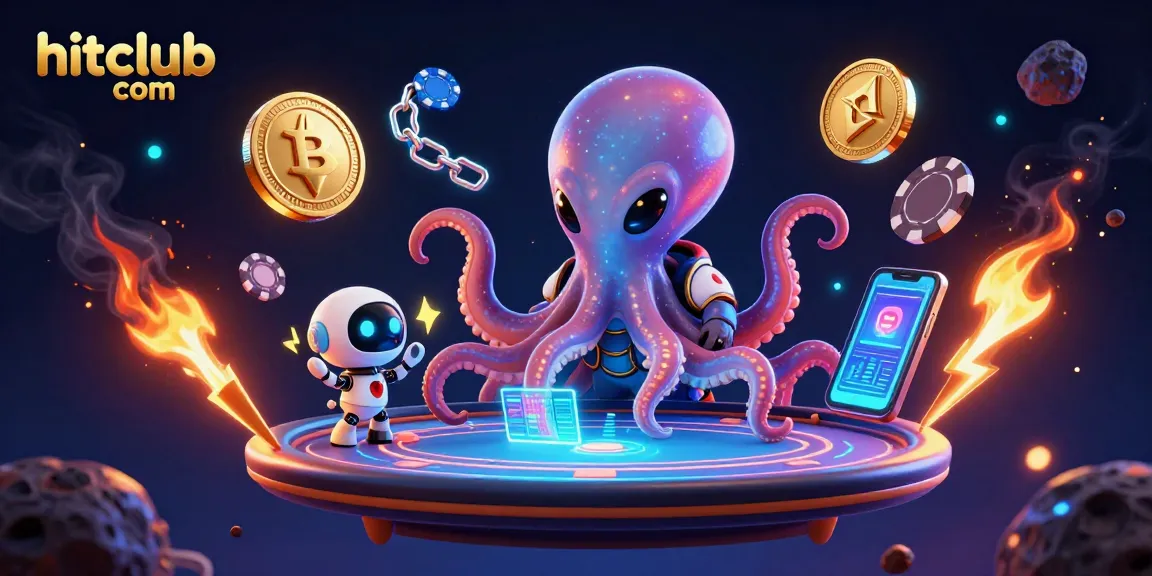 Experience excitement at hitclub com with a vibrant alien octopus gaming scene filled with dynamic poker elements.