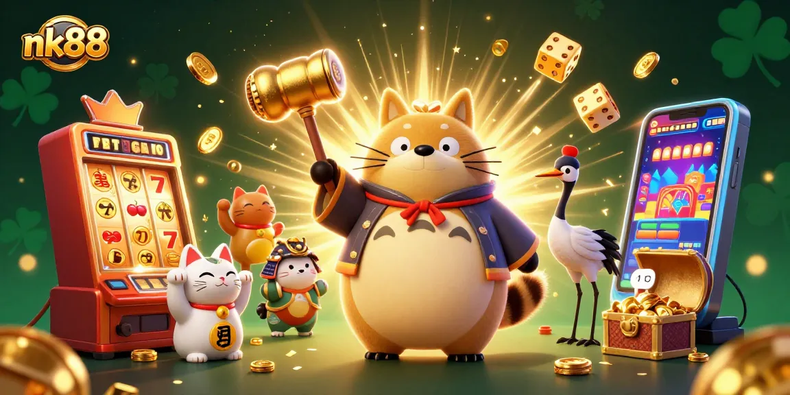 Spin to win at nk88 with a cheerful tanuki and lucky symbols in an engaging casino scene.