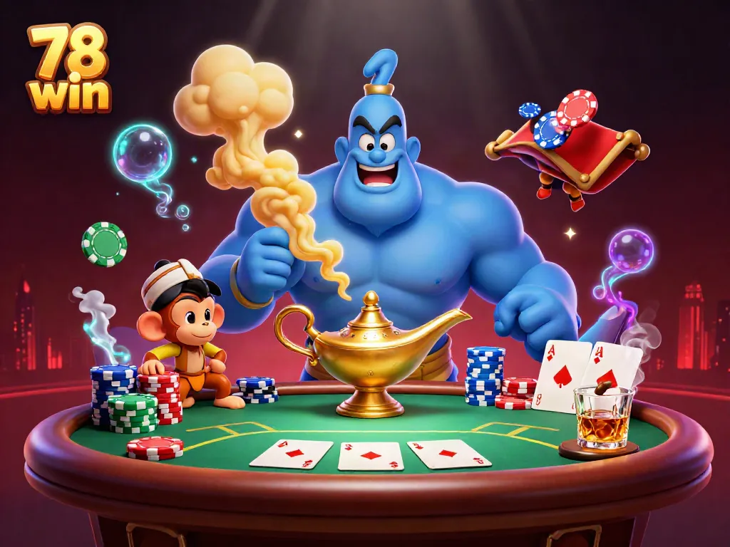 Experience the thrilling 78 win action with a genie, monkey, and poker chips in a dynamic casino scene.