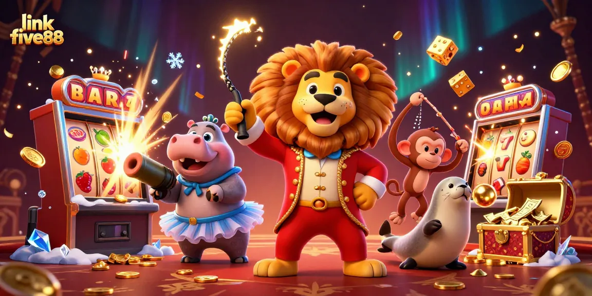 Experience vibrant gaming excitement with link five88 amid cheerful 3D circus characters and a jackpot explosion.