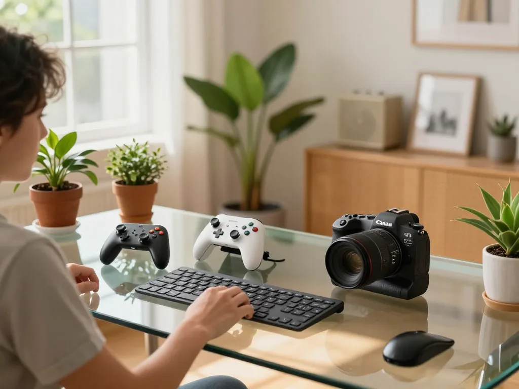 Engaging scene featuring unique tech gadgets such as Bluetooth controllers and smart watches in a stylish home office.
