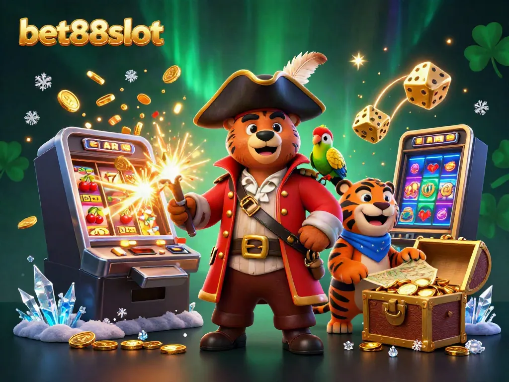 Vibrant 3D scene showcasing bet88slot's cartoon characters amid exploding casino elements for engaging online gaming.