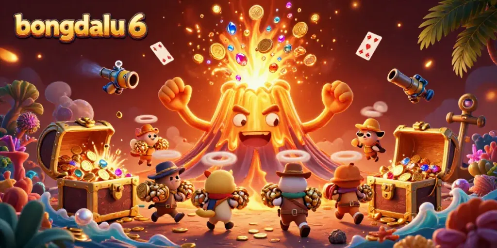 Experience the excitement of bongdalu 6 with a vibrant eruption of coins and treasures in a dynamic casino scene.
