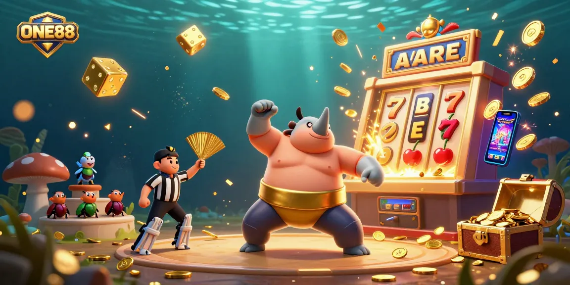 ONE88 showcases a dynamic 3D gaming scene with a beetle champion, bursting slot machine elements, and golden treasures.