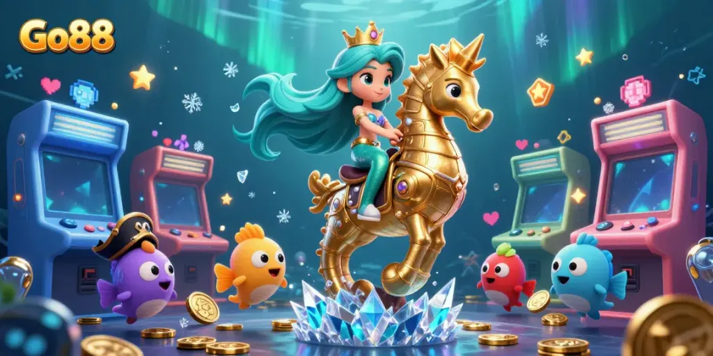 Experience thrilling slots and jackpots at Go88 with vibrant underwater characters and gaming elements.