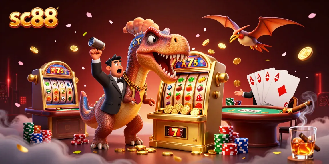 sc88-themed 3D cartoon illustration of a dinosaur playing slot machines and collecting coins
